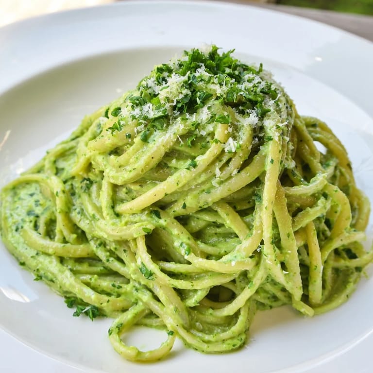 This homemade green goddess pasta sauce, bright and flavorful, coats the pasta beautifully.
