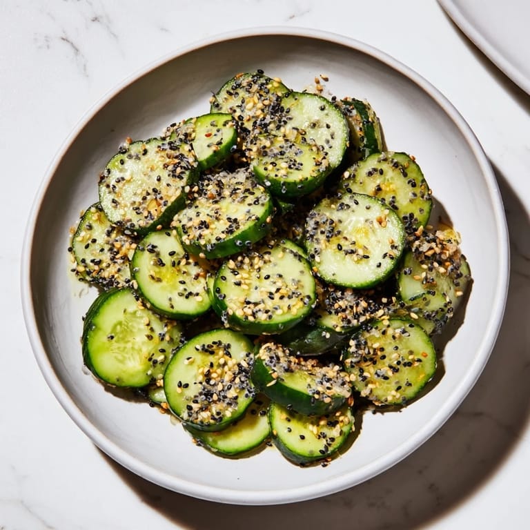 Vibrant photo showing tossed cucumber shaker with everything bagel seasoning, perfect for a quick, healthy snack.