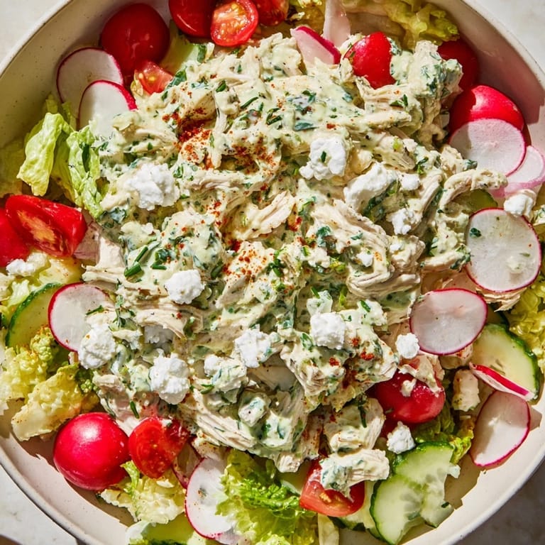 A colorful bowl of Green Goddess Chicken Nacho Dip, topped with tomatoes, served ready to scoop up.