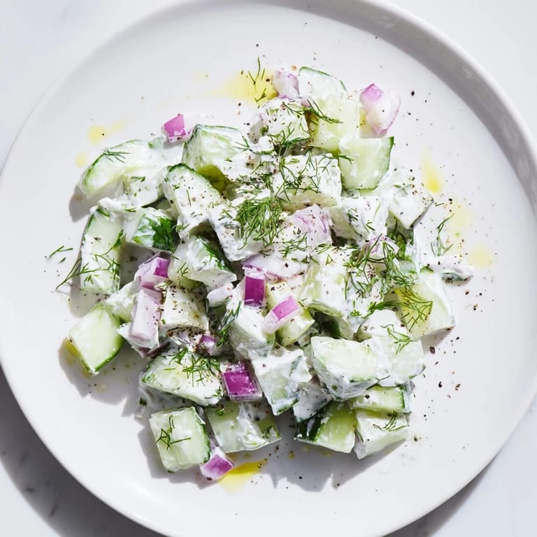 Vibrant photo of chilled Cucumber and Greek Yogurt Tzatziki Salad garnished with fresh herbs.