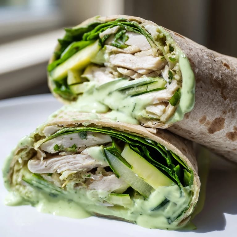 A close-up of a delicious Green Goddess Wellness Wrap, showing layers of chicken and crisp veggies.