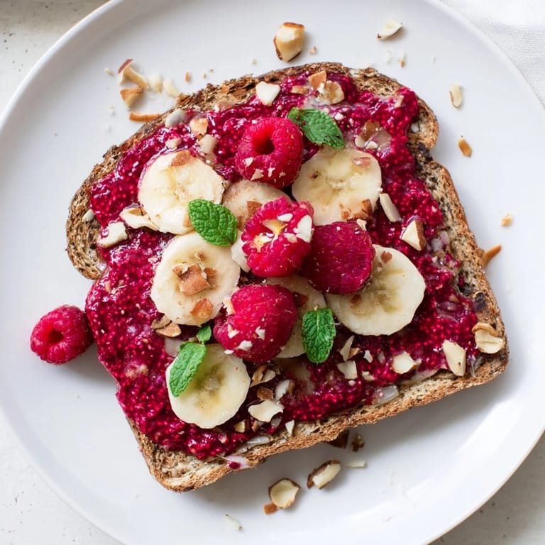 Vivid image of fresh raspberry chia jam, piled high on toasted bread, looks utterly delicious.