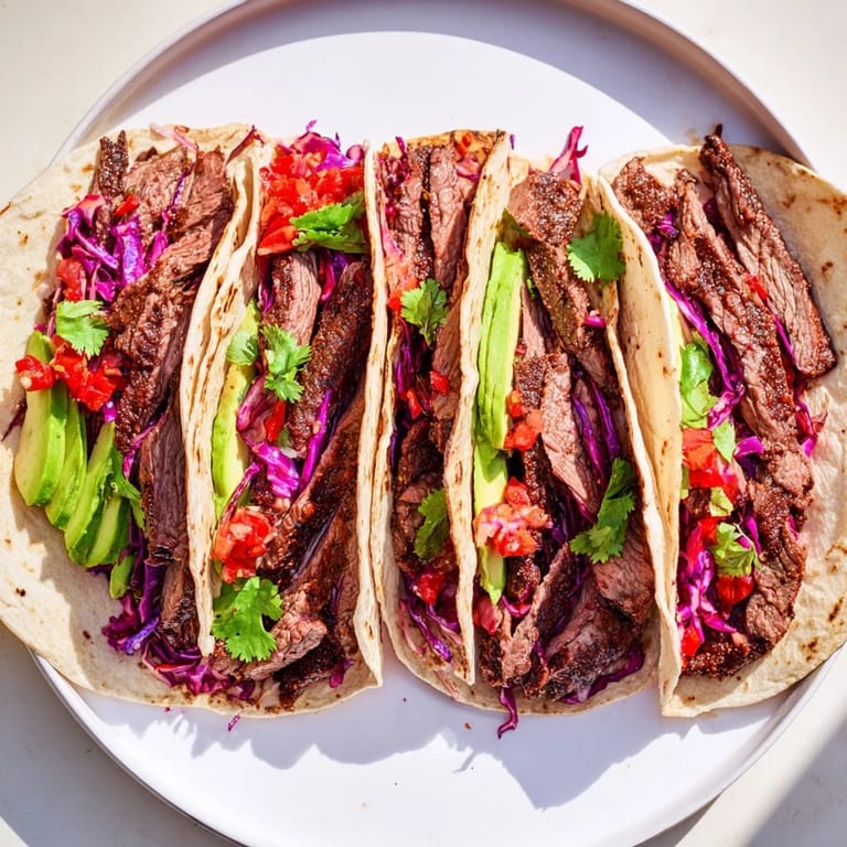 Warm tortillas overflowing with tender Coffee-Rubbed Steak Tacos, vibrant salsa, and fresh cilantro garnish.