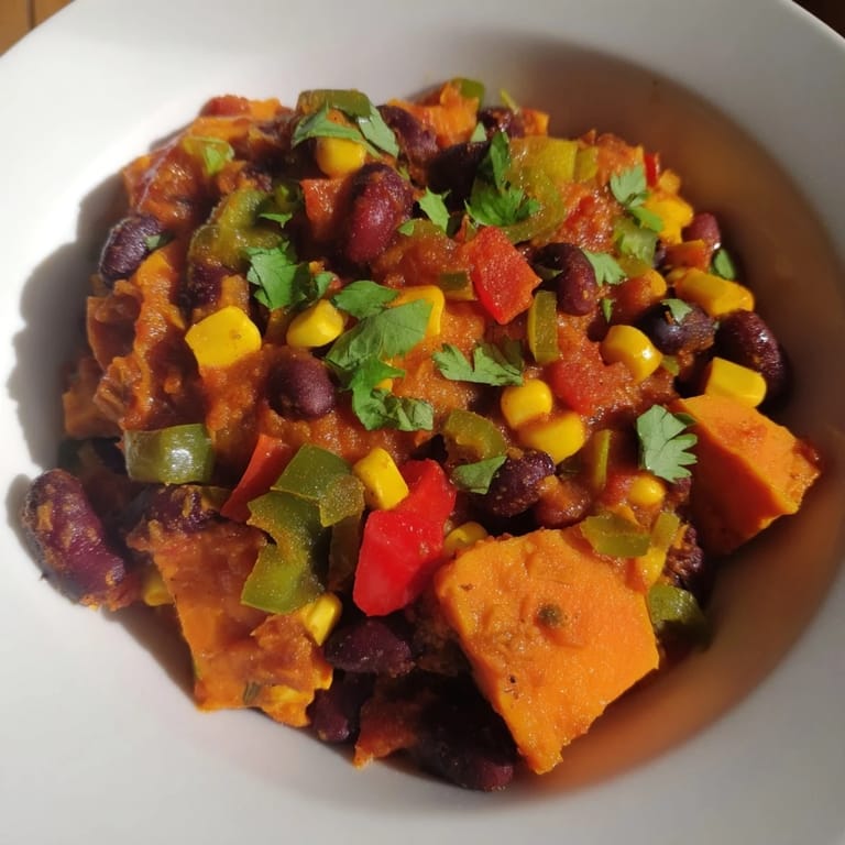 Close-up of a rich, rustic Smoky Sweet Potato Chili, evoking warm spices and comforting aromas.