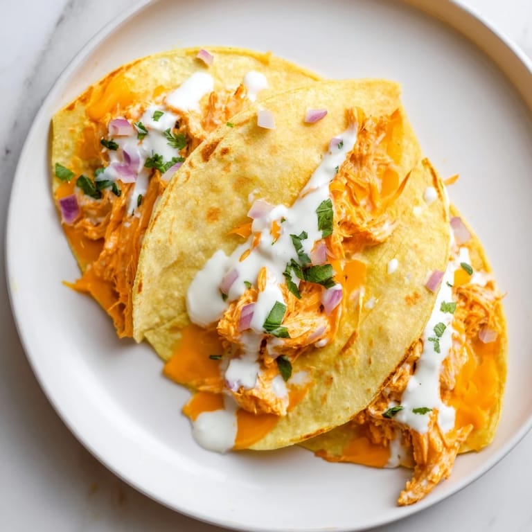 A close-up view of a savory Buffalo Chicken Quesadilla, oozing cheese and ready for a delicious lunch.