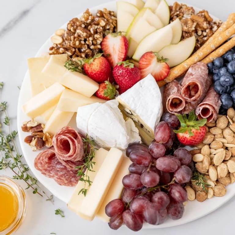 This easy girl dinner charcuterie board presents a beautiful array of cheese, meats, and colorful accompaniments.