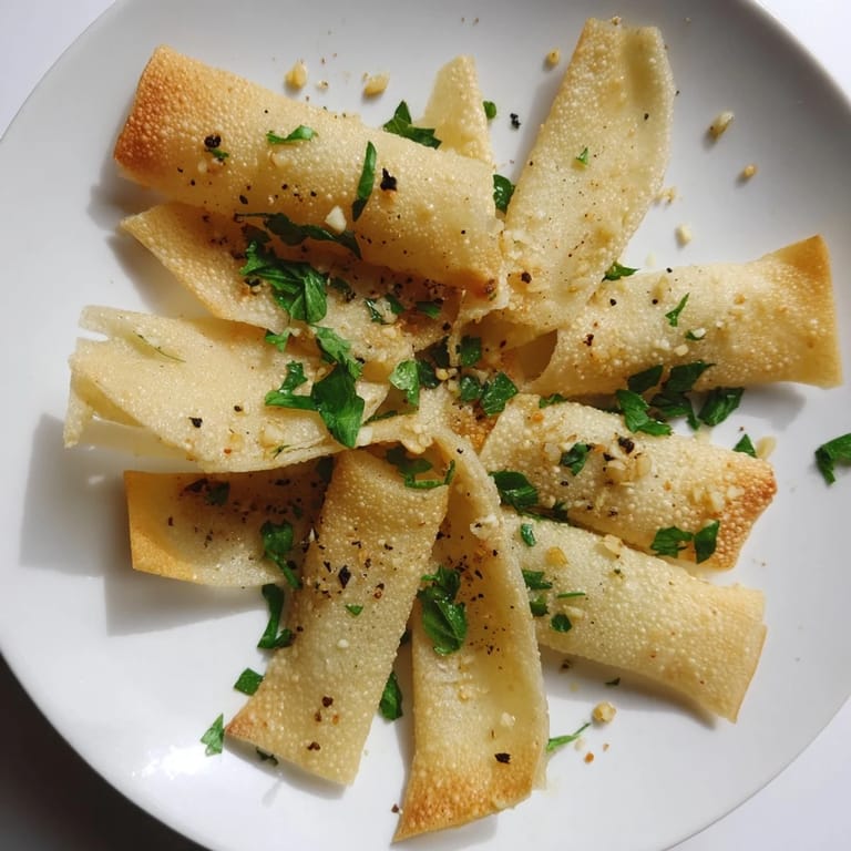 Enjoy a close-up of golden, air-fried Crispy Garlic Lumpia Chips, a delicious snack with aromatic garlic.