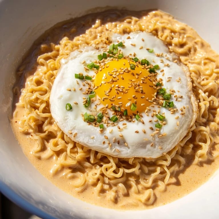 This close-up shows a comforting Instant Cheese Ramen bowl garnished with fresh green onion and sesame.