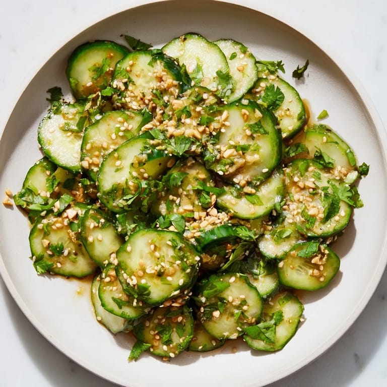 A close-up of the Tangy Shaken Asian-Style Cucumber Salad, ready to serve with fresh cilantro garnish and sesame seeds.