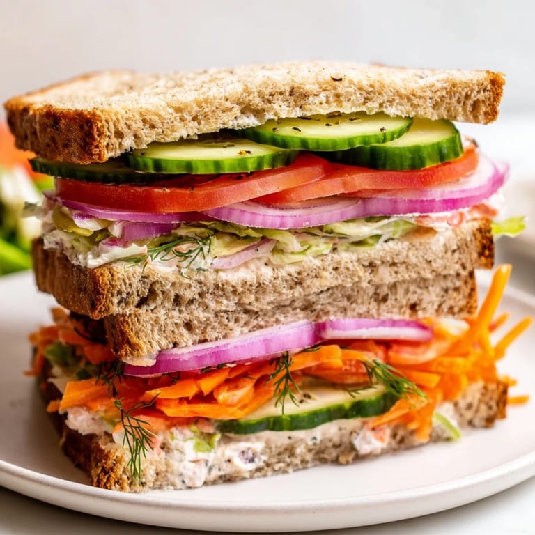 A close-up of a delightful crunchy dill pickle sandwich, bursting with colorful ingredients and flavor.