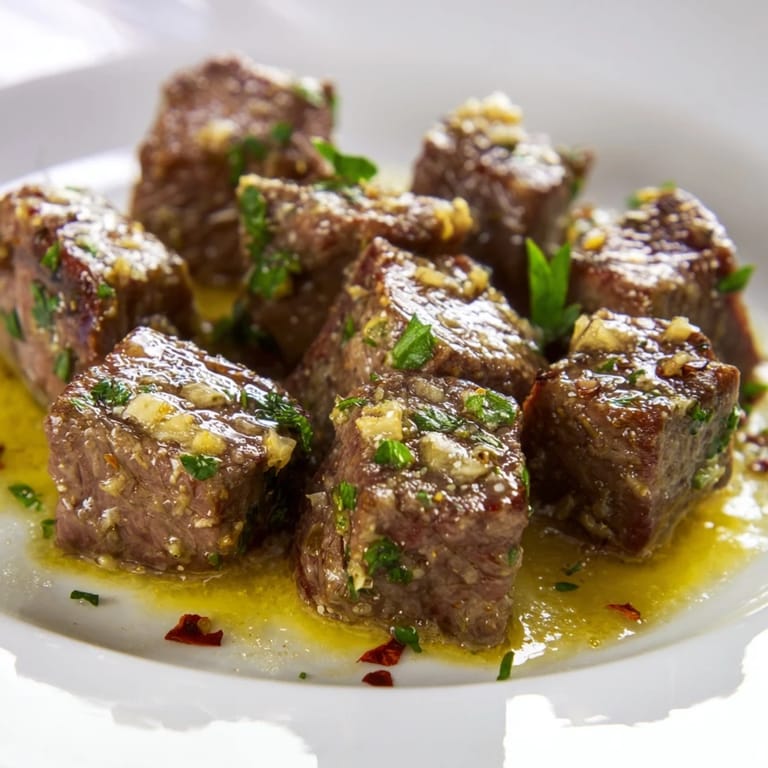 Close-up photo of Garlic Butter Steak Bites, tenderly cooked with fragrant garlic and butter.