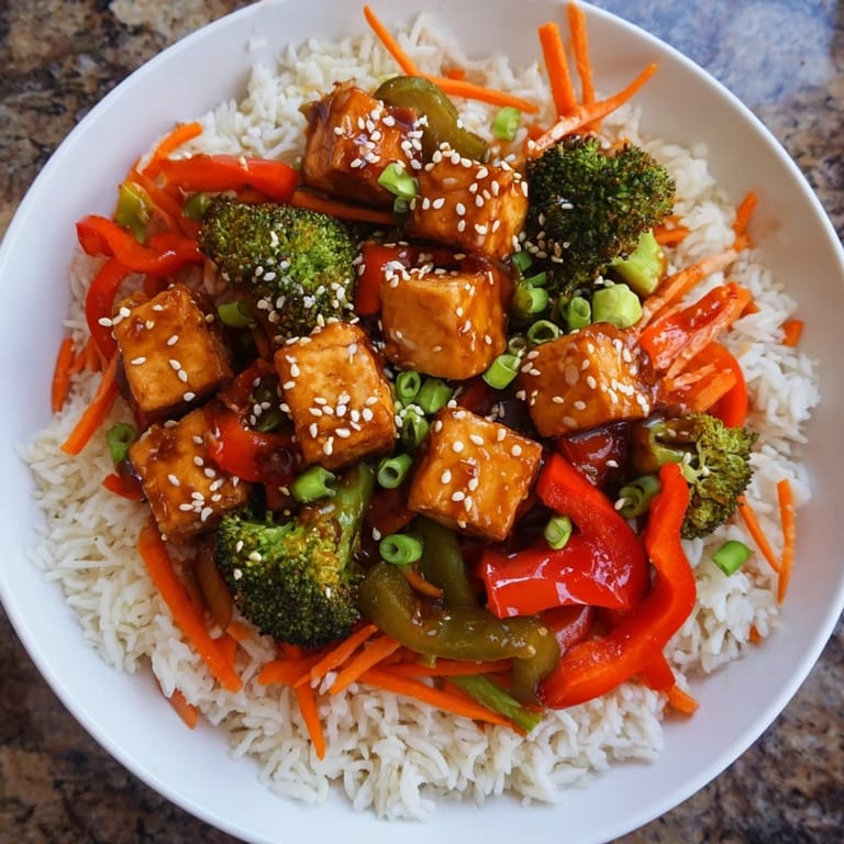 A delicious close-up of honey garlic tofu bowls, the sweet sauce glistening on perfectly cooked tofu and veggies.