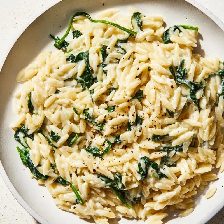 Visualize the rich, creamy texture of Creamy Spinach Orzo, bubbling in a skillet with spinach.