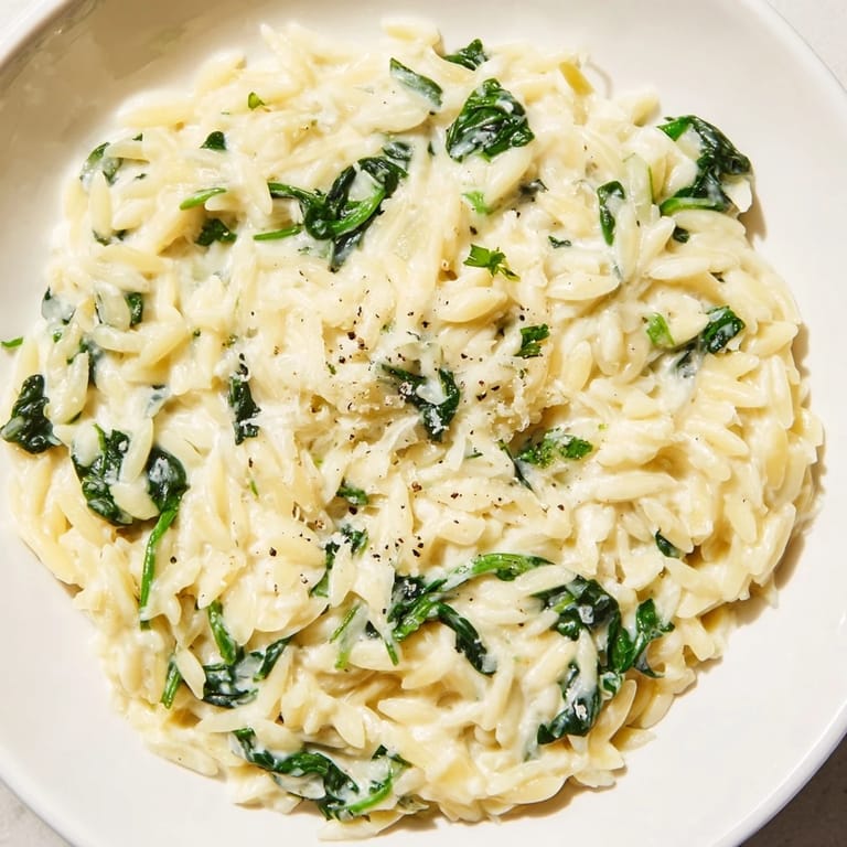 Savor the aroma: This photo features a pan of delicious Creamy Spinach Orzo, ready to serve and enjoy.