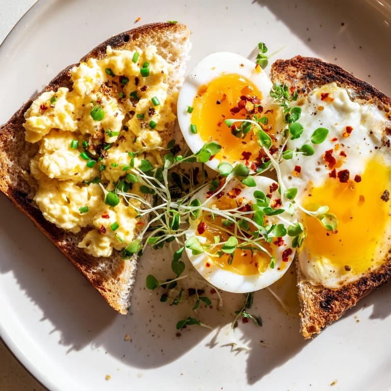 Savory and diverse flavors of Egg Flight Toast come alive with three egg styles on crispy bread for brunch.