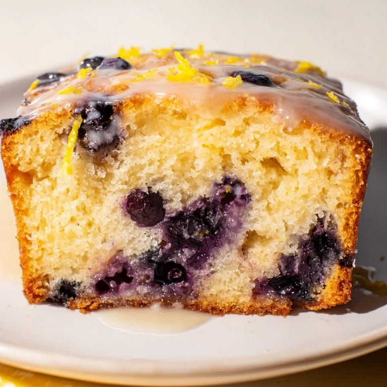A slice of delicious Lemon Blueberry Yogurt Loaf, topped with glaze and bursting with blueberries.