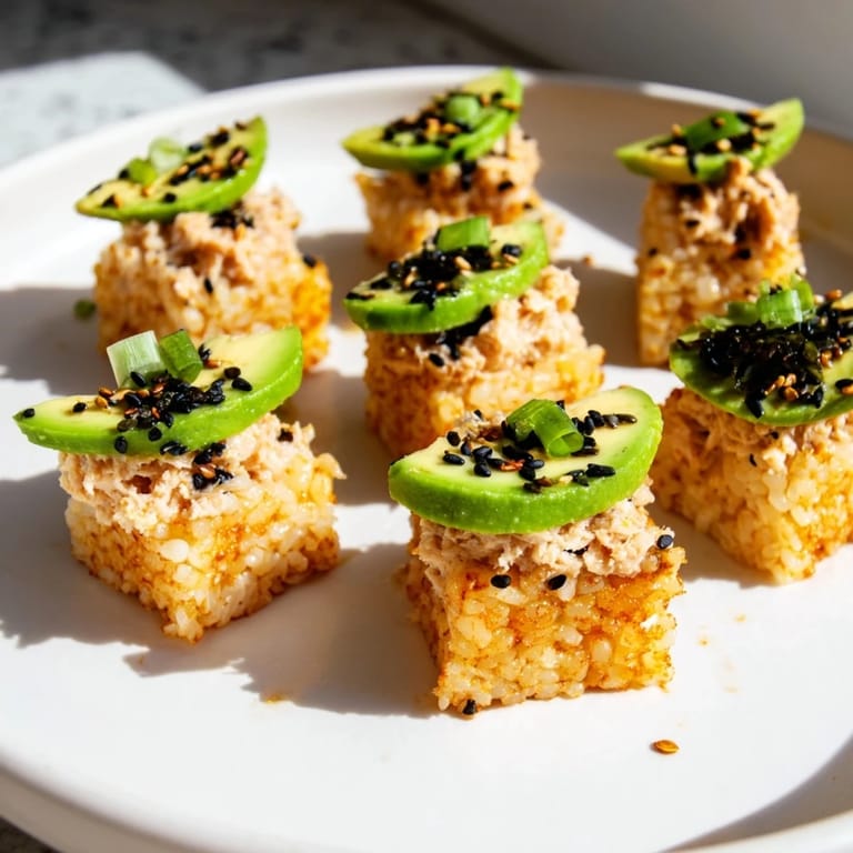 Crispy golden rice squares topped with spicy tuna and avocado offer delightful textures in this Spicy Tuna Crispy Rice.