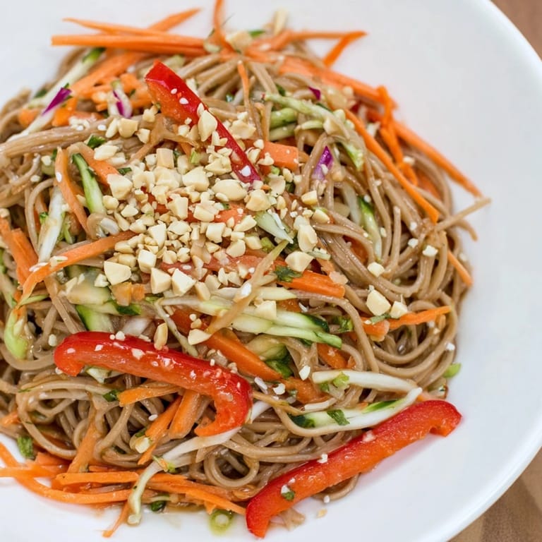 Cool, satisfying Cold Noodle Salad: delicious sesame-ginger dressing coats perfectly prepared noodles and fresh ingredients.