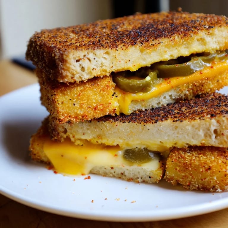 Freshly made Spicy Crispy Tofu Grilled Cheese shows crispy squares of tofu in a hearty vegan sandwich.