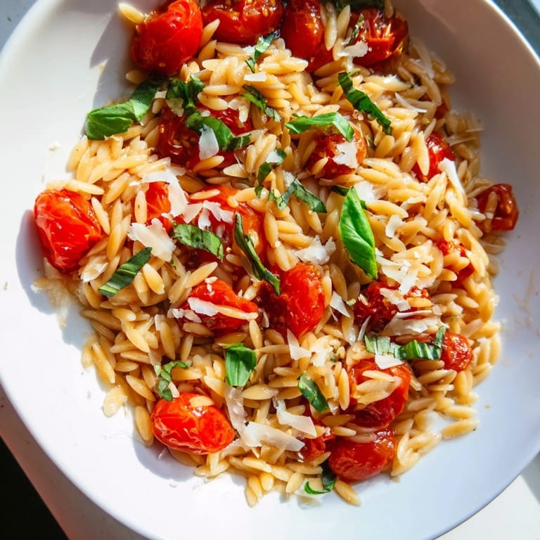 Bright, flavorful orzo tomato Parmesan served with Parmesan cheese and juicy tomatoes, ready to eat.