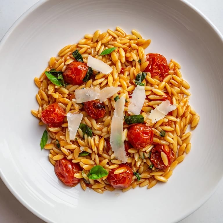 Close-up of creamy orzo tomato Parmesan with grated cheese, offering a taste of Mediterranean flavors.