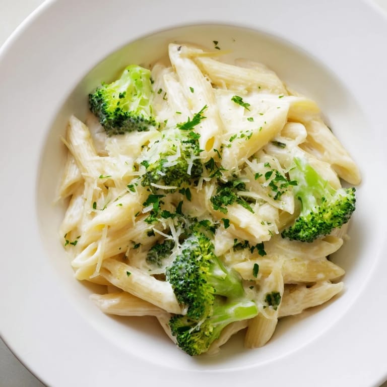 The appetizing dish of Cream Cheese Garlic Pasta, a close-up shows garlicky sauce and herbs.