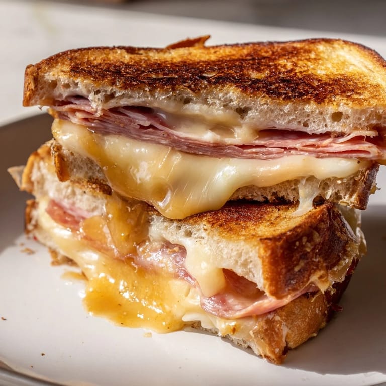 Close-up of a perfectly grilled Charcuterie Grilled Cheese, served with a potential wine pairing.