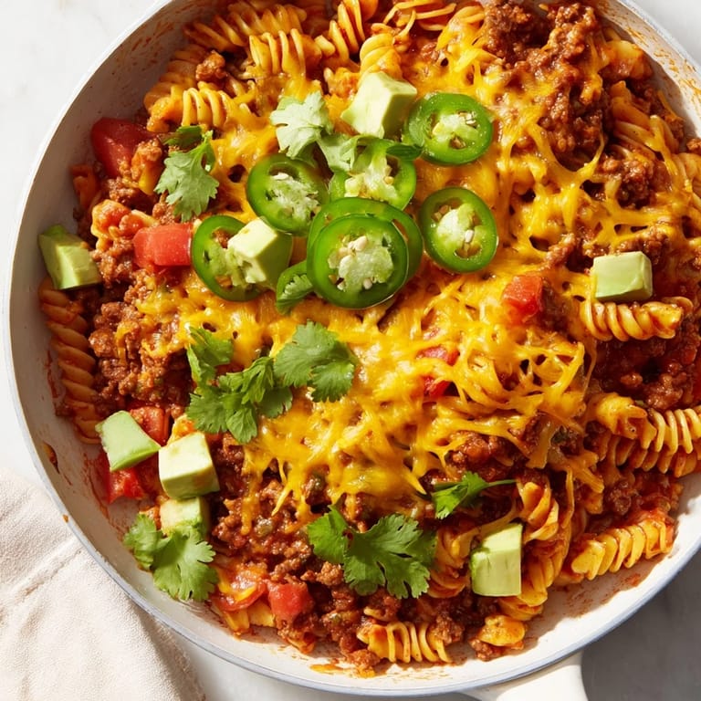 Steaming bowl of Beef Taco Pasta, perfect for a weeknight supper, garnished with fresh cilantro.