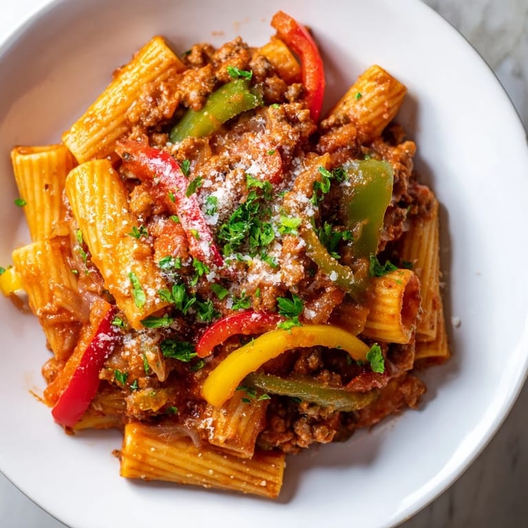 This Sausage and Peppers Pasta shows tender pasta coated in a rich tomato sauce with sausage.