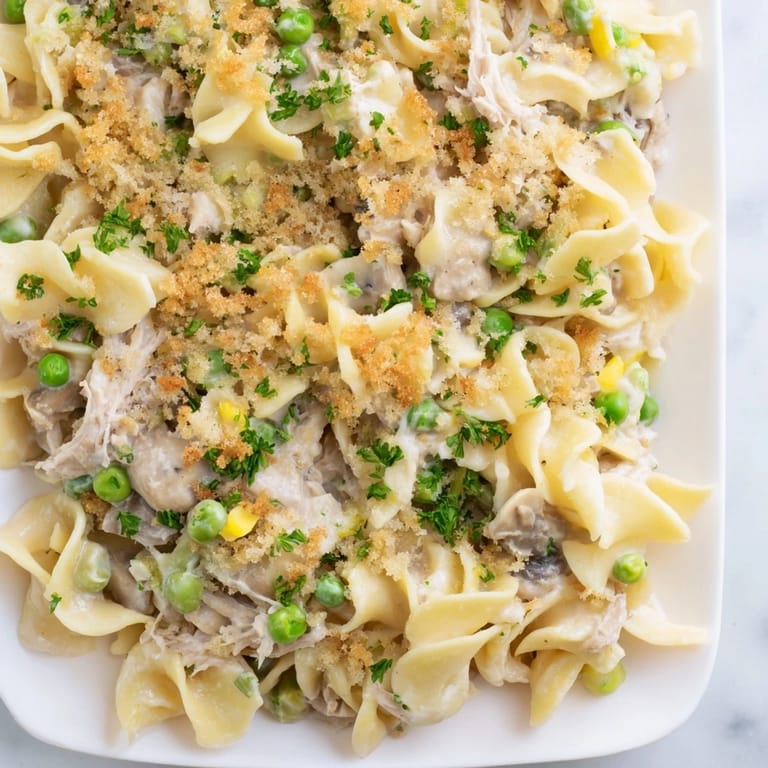 Creamy Tuna Noodle Casserole with a crispy panko topping, a comforting American classic.