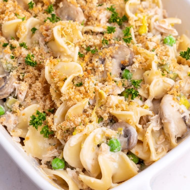 Hearty Tuna Noodle Casserole with visible vegetables, perfect for a cozy weeknight dinner.