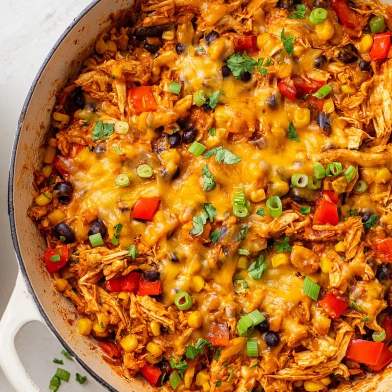 This easy Chicken Enchilada Skillet presents tender tortilla strips drenched in savory sauce, complete with a bubbly cheese topping.