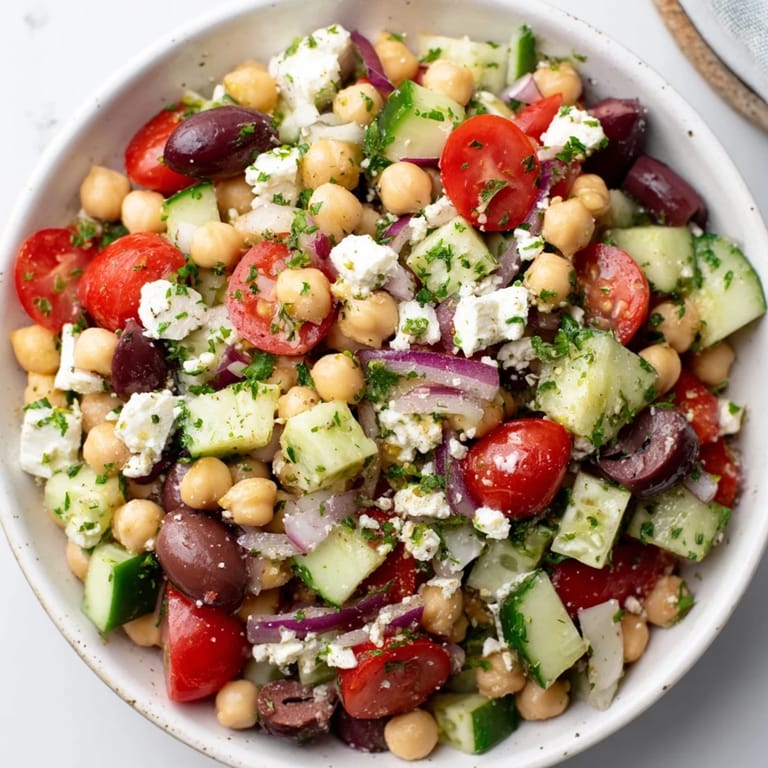 This Mediterranean chickpea salad presents a refreshing mix of flavors, perfect for a light, delicious meal.