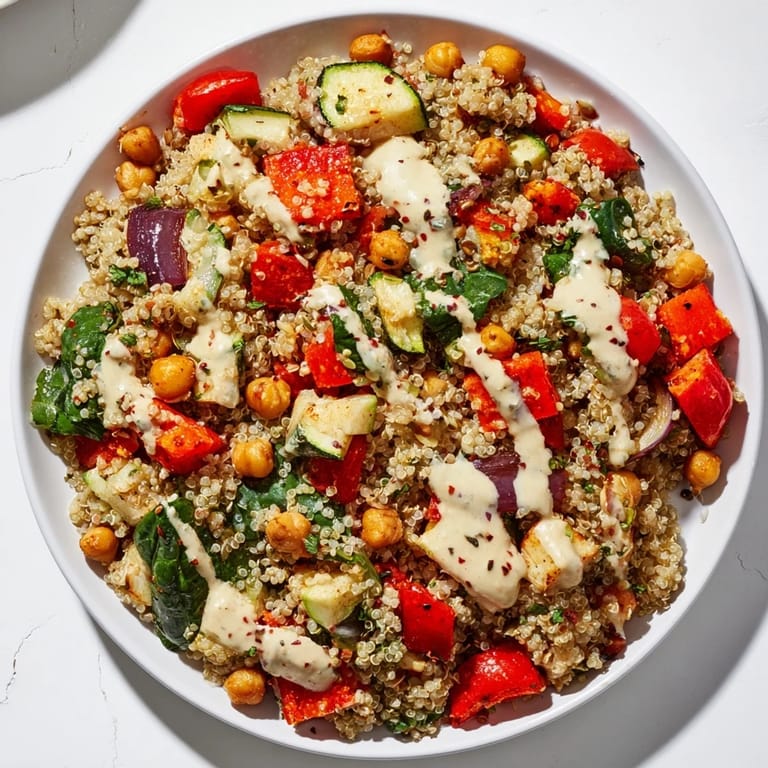 Fluffy quinoa power protein salad tossed with a creamy tahini-lemon dressing, ready to eat.