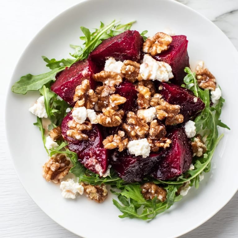 A close-up of a beautifully plated Roasted Beet Walnut Salad, perfect for a light lunch.