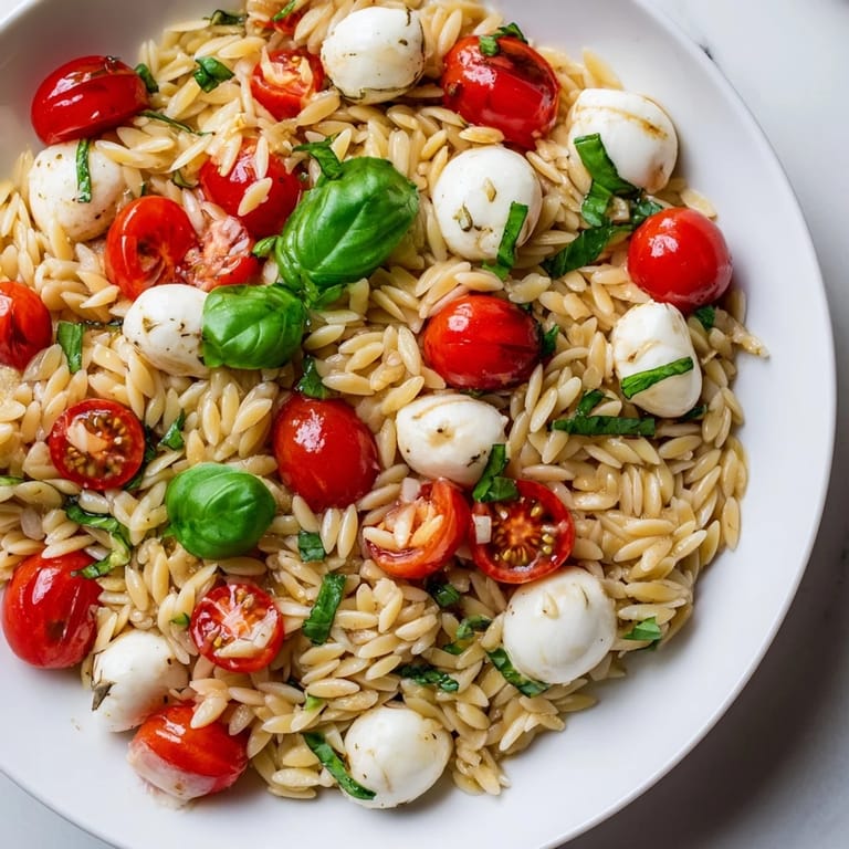 The simple elegance of Caprese Orzo Salad with a light vinaigrette, ideal for warm weather or a side.