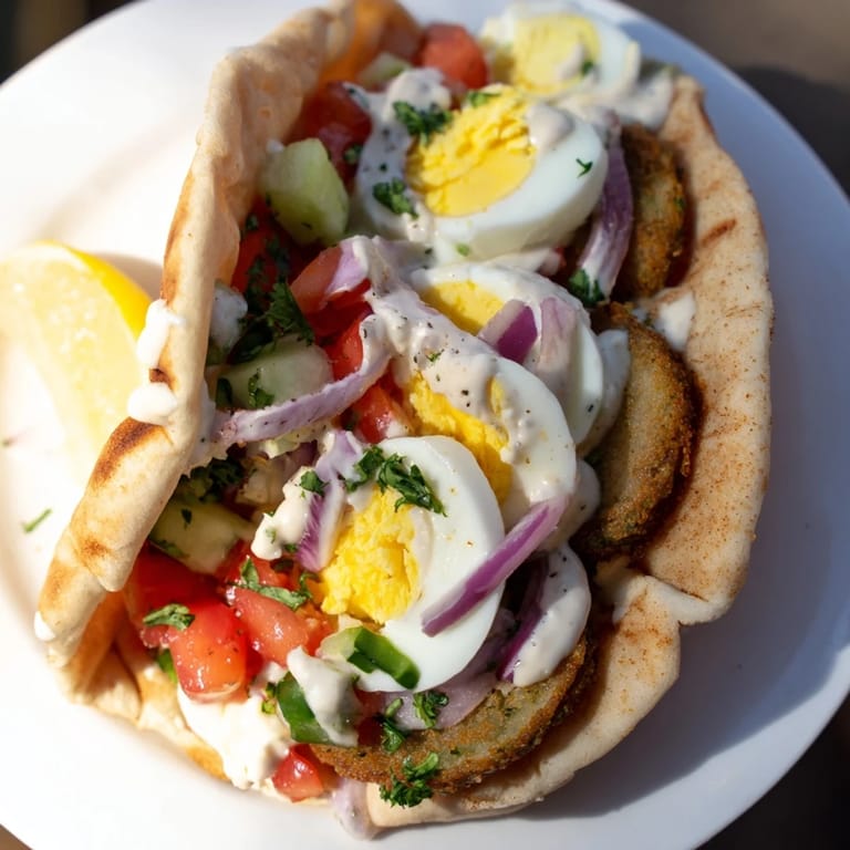Vibrant Israeli sabich bursting with fresh Israeli salad, hard-boiled eggs, and savory tahini.