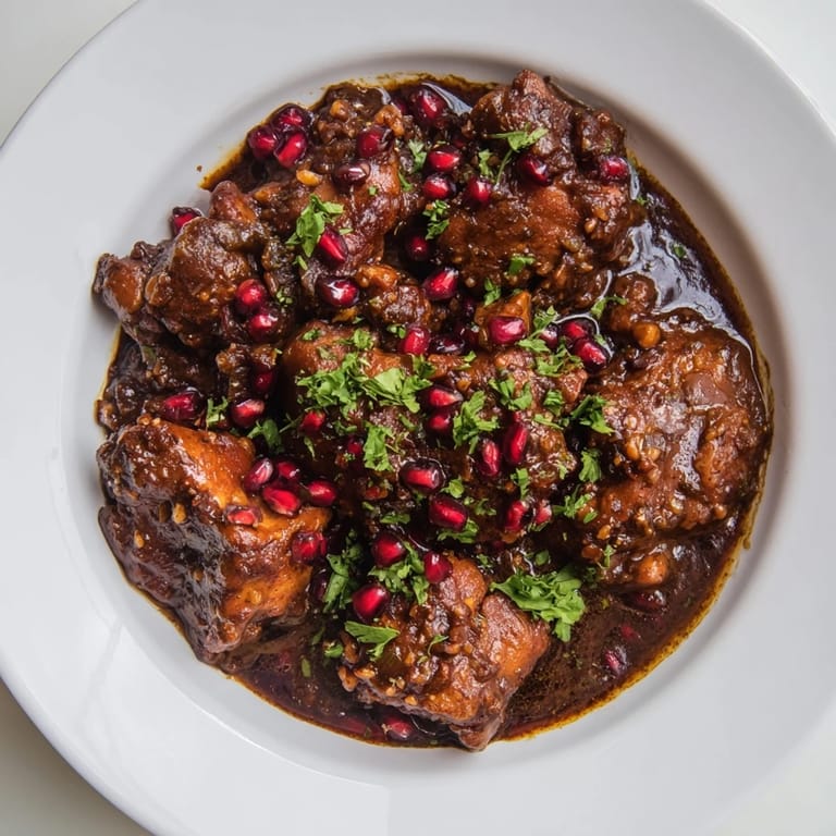 Aromatic Iranian Fesenjan stew with glistening walnuts and pomegranate, perfect for a cozy dinner.