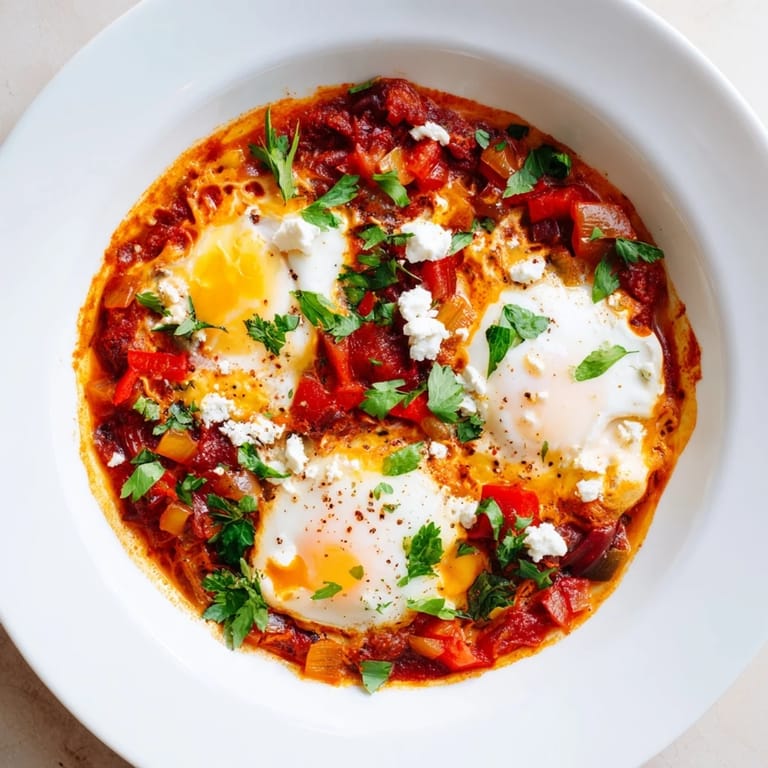 Bright red Israeli Shakshuka Eggs, garnished with fresh herbs, ready for dipping with warm pita.
