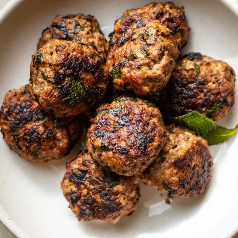 A plate of flavorful Turkish Köfte meatballs, sizzling hot and beautifully charred, right off the grill.