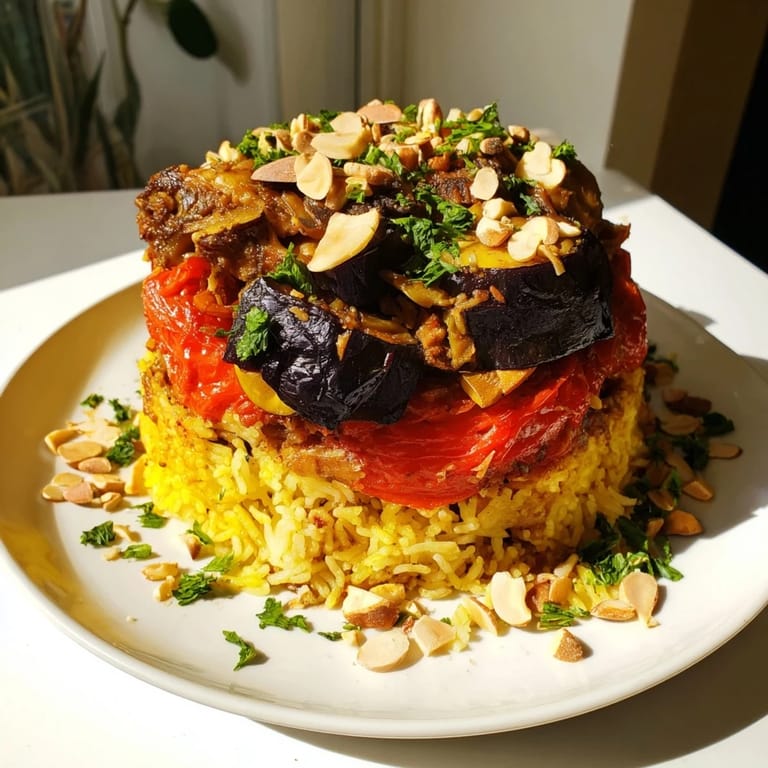 This delicious Palestinian Maqluba features tender lamb, fluffy rice, and roasted vegetables, ready to serve!