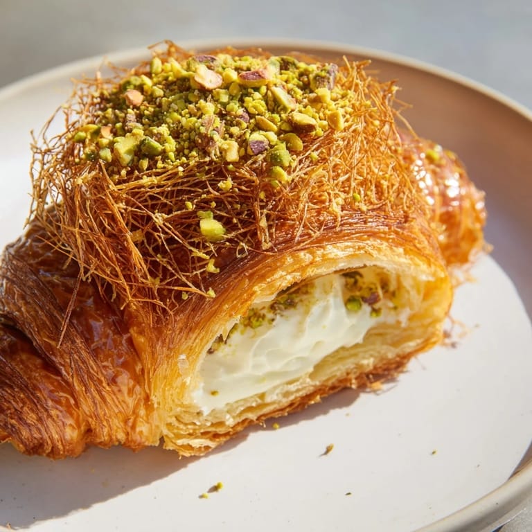 Enjoy freshly baked Pistachio Cream Croissants with a crunchy phyllo crust and a pistachio dusting.