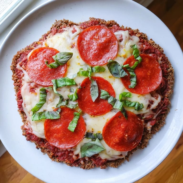 Pepperoni and cheese sizzle on a homemade ground beef pizza base fresh from the oven.