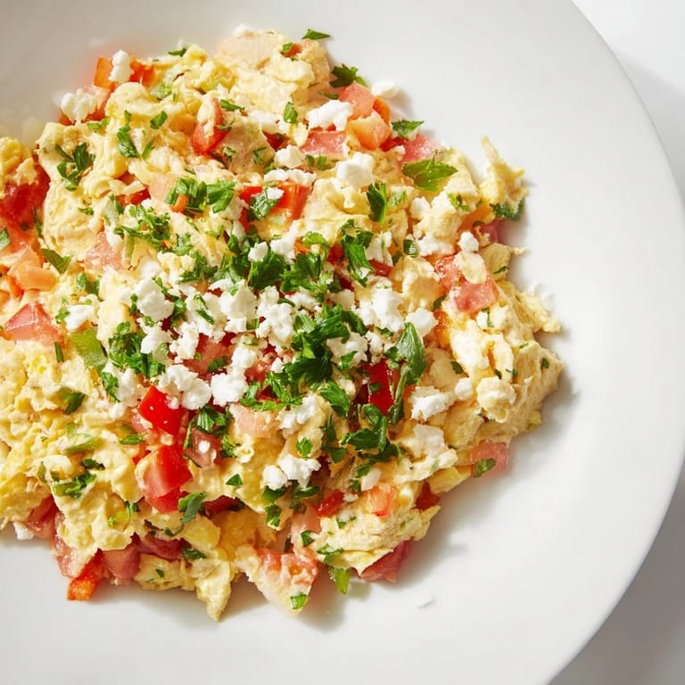 A close-up of a flavorful Turkish Menemen Scramble, perfect for dipping with warm, crusty bread.