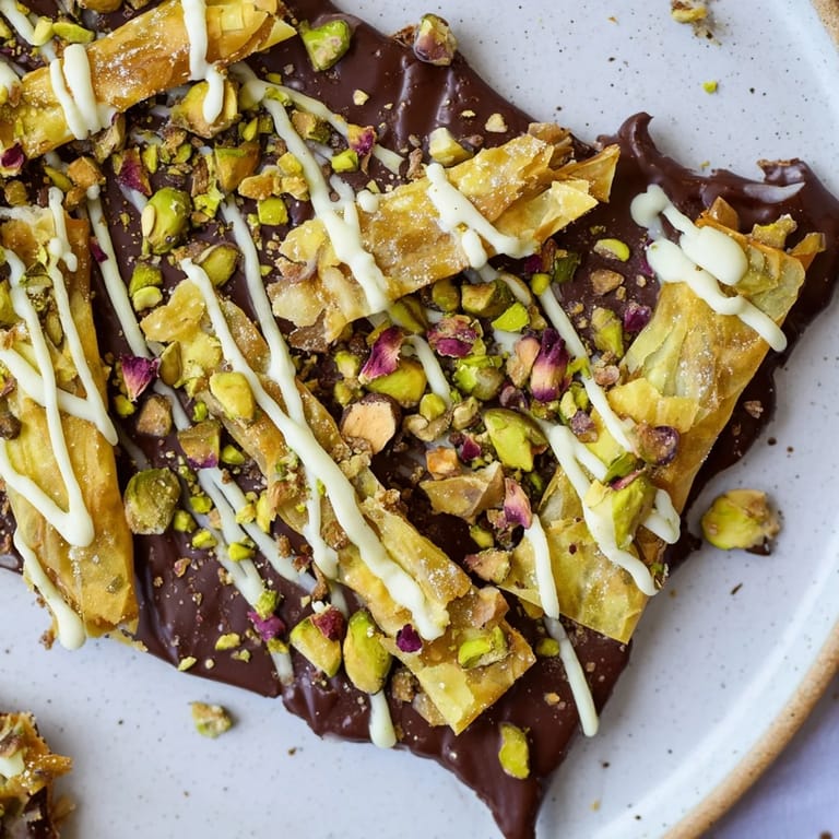 Delicious, homemade Pistachio Dubai Chocolate Bark, perfect for a sweet treat after dinner.