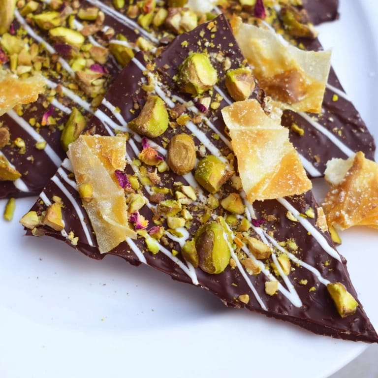 Golden, baked phyllo and vibrant green pistachios top this stunning Pistachio Dubai Chocolate Bark.