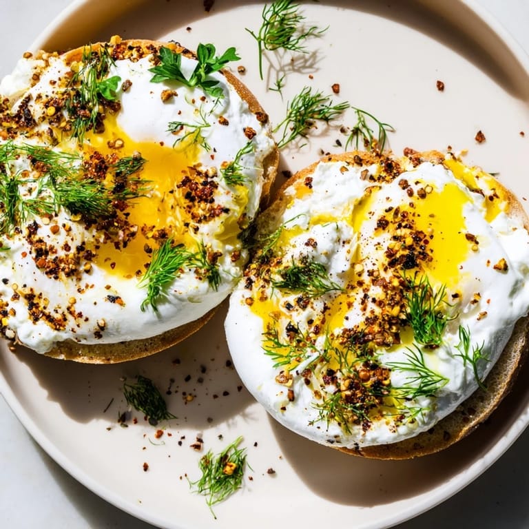 Delectable brunch of Çılbır Eggs Benedict features silky poached eggs and herbed yogurt, drizzled with spiced butter.