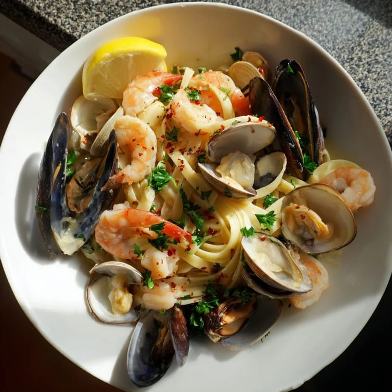 A close-up of seafood linguine featuring plump shrimp and open mussels, glistening in a fragrant lemon-butter sauce over al dente pasta.