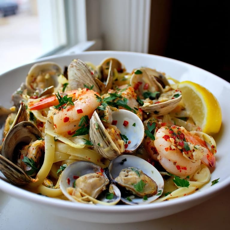 Plated seafood linguine with tender clams and shrimp, ready to serve with a glass of crisp white wine for a cozy Italian dinner.