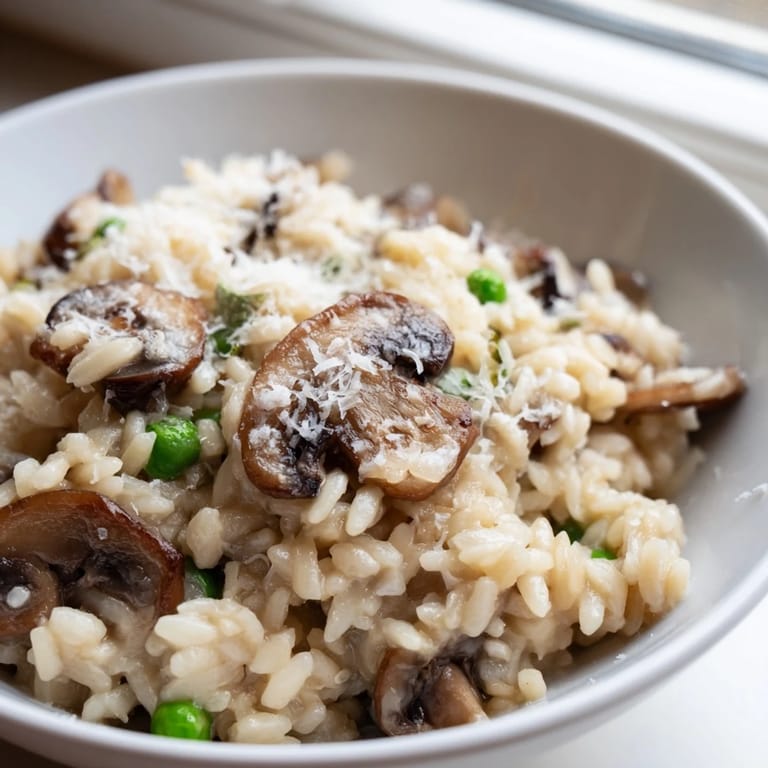 A bowl of Orzo Mushroom Risotto-Style garnished with peas and parsley, steam rising from the cheesy, comforting dish.
